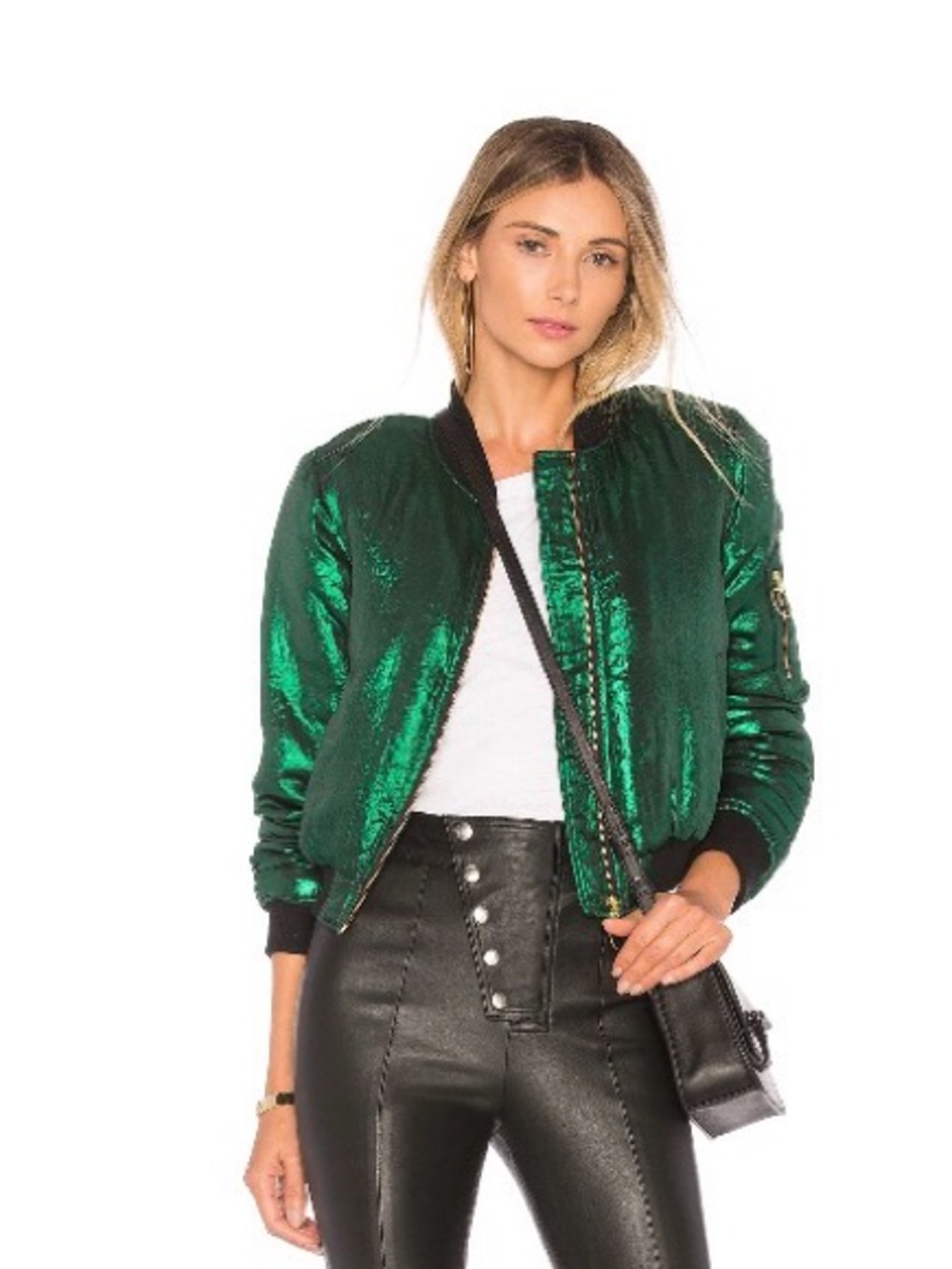 House of Harlow 1960 Metallic Emerald Green Bomber with Black Trim